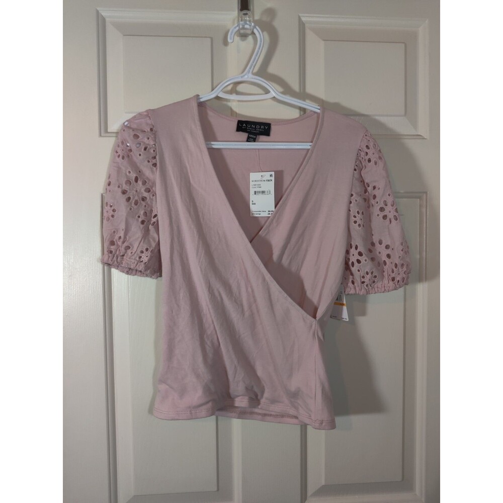 Blouse Pink NWT Laundry By Shelli Segal Lilac Eyelet Sleeves Wrap Top Sz S Small